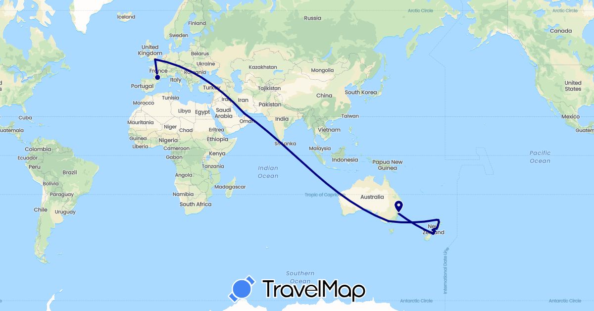 TravelMap itinerary: driving in United Arab Emirates, Australia, France, United Kingdom, New Zealand (Asia, Europe, Oceania)